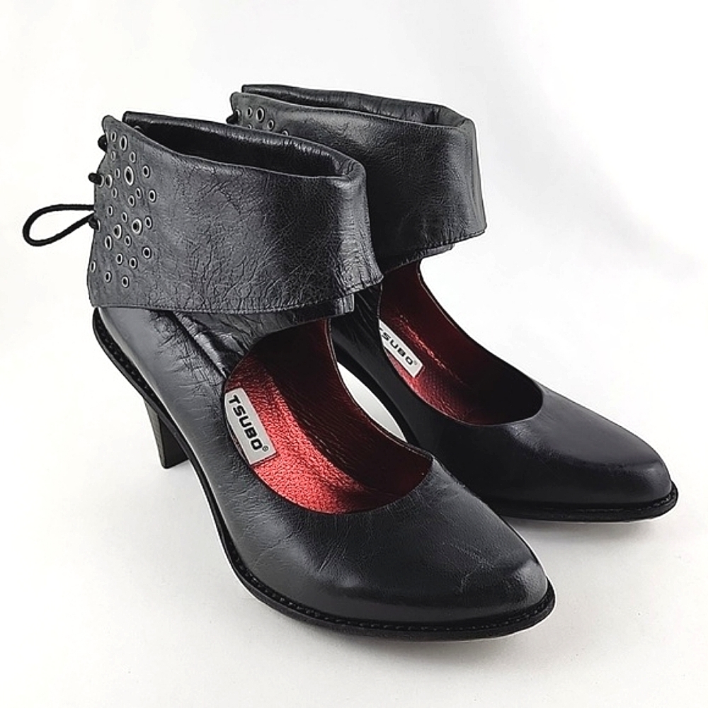 TSUBO Pump  Heels Shoes Black Leather Back Lace Ankle Foldover Tall Cuff Size 8 - Picture 8 of 15